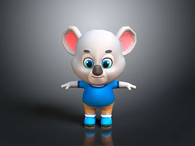 Cute 3D Cartoon Koala Game Movie Character White Body Pink Ears Blue T shirt Brown Shorts 3d model