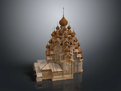 Traditional Wooden Church Architecture With Onion Domes And Spire Design 3d model