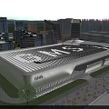 Modern Commercial Complex Design With Curved Roof Glass Facade Plaza Pedestrians And Greenery