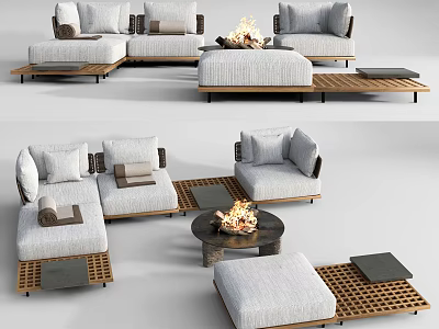 Elegant Modern Gray Linen Sofa Coffee Table Set With Round Fire Pit And Wooden Legs 3d model