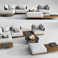 Elegant Modern Gray Linen Sofa Coffee Table Set With Round Fire Pit And Wooden Legs