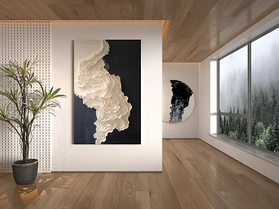 Modern Living Room With Wooden Ceiling Perforated Wall Artworks Green Plant And Forest View 3d model