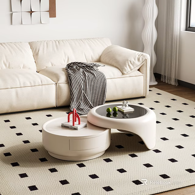 Modern Beige Sofa With White Round Coffee Table Set And Decor On Checkered Rug 3d model