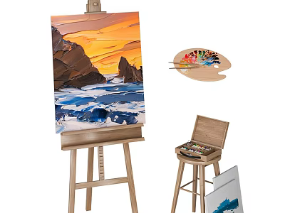 Art Studio Setup With Easel Ocean Sunset Painting Palette Paints And Stool 3d model