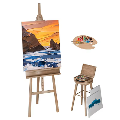 Art Studio Setup With Easel Ocean Sunset Painting Palette Paints And Stool 3d model