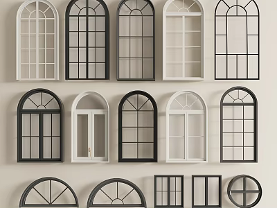 Various Styles Of French Windows Including Arched Designs And Black White Frames 3d model