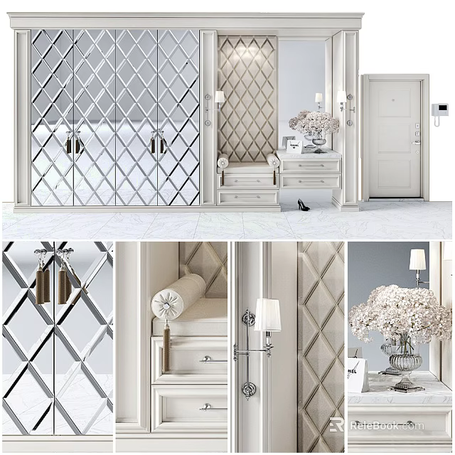 Elegant White Shoe Cabinet With Diamond Pattern Design In Modern Home Interior 3d model