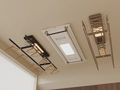 Ceiling Mounted Drying Racks And Lighting Fixture With White Blinds And Wooden Wall 3d model