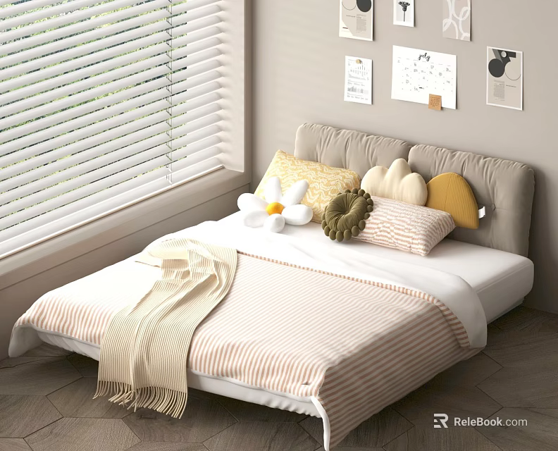 Minimalist Double Bed with Colorful Pillows Cozy Blanket by Window Blinds and Decorative Prints 3d model 