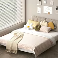Minimalist Double Bed with Colorful Pillows Cozy Blanket by Window Blinds and Decorative Prints