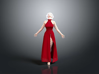 Woman With White Hair Wearing Red High Slit Long Dress On Black Floor Gray Background 3d model