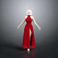Woman With White Hair Wearing Red High Slit Long Dress On Black Floor Gray Background