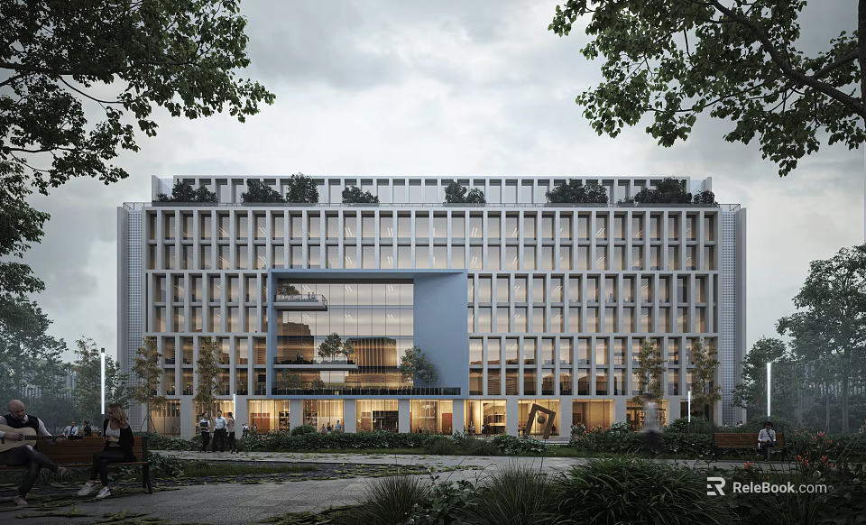 Modern Office Building Featuring Glass Curtain Wall Green Roof Trees And Pedestrians 3d model 
