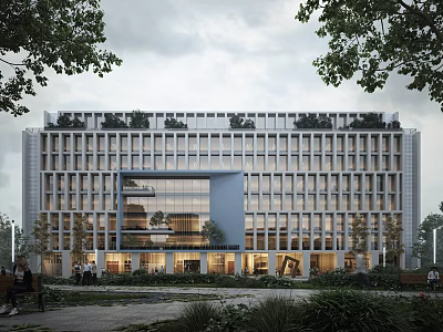 Modern Office Building Featuring Glass Curtain Wall Green Roof Trees And Pedestrians 3d model