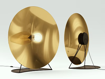 Golden Round Shade Floor Lamp With Illuminated Bulb And Black Stand Design 3d model