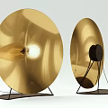 Golden Round Shade Floor Lamp With Illuminated Bulb And Black Stand Design