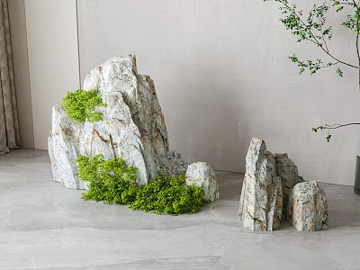 Rock Shaped Landscape Sculpture With Green Plants In Minimalist Indoor Space 3d model
