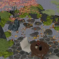 Courtyard Garden With Red Maple Pine Trees Moss Covered Stones Stone Path And Fallen Leaves