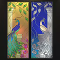 Stained Glass Window Design With Colorful Peacocks Flowers And Leaves In Blue Orange Tones
