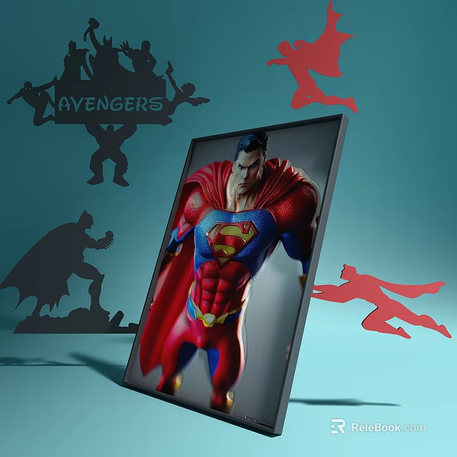 Superhero Avengers Wall Decor with Framed Superman Portrait and Silhouette Art 3d model 