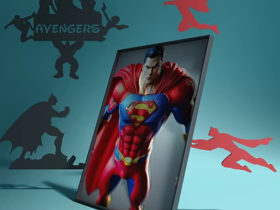 Superhero Avengers Wall Decor with Framed Superman Portrait and Silhouette Art 3d model
