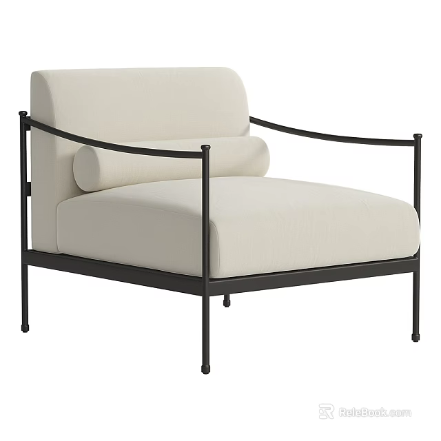 Beige Single Sofa With Black Metal Frame And Cylindrical Back Cushion 3d model