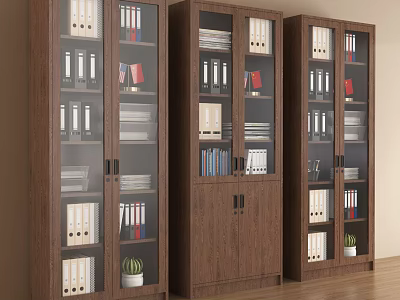 Modern Wooden File Cabinets With Glass Doors Holding Organized Office Files And Books 3d model
