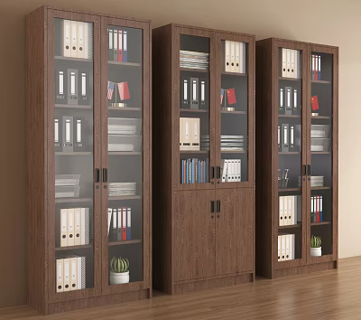 Modern Wooden File Cabinets With Glass Doors Holding Organized Office Files And Books 3d model
