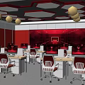 School Computer Classroom Interior With Red Walls Hexagonal Ceiling Lights And White Red Chairs 3d model