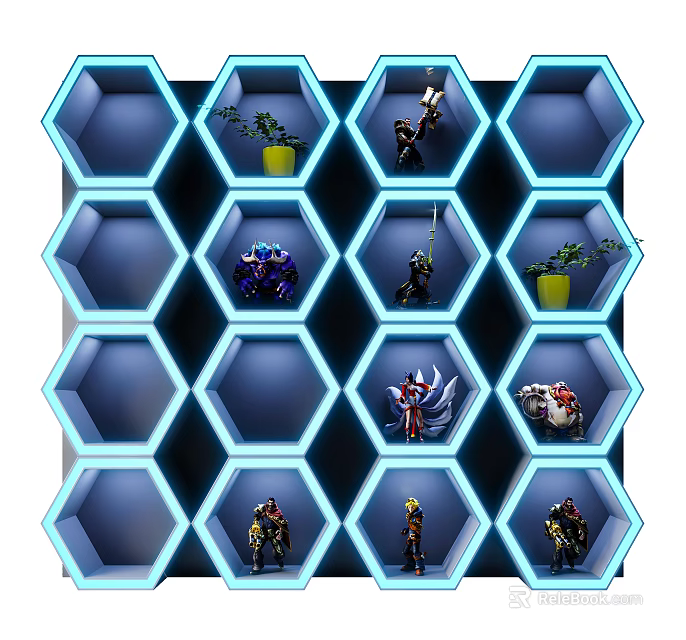 Hexagonal Decorative Cabinet Displaying Figurines And Small Plants With Blue Lighting 3d model 