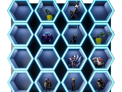 Hexagonal Decorative Cabinet Displaying Figurines And Small Plants With Blue Lighting 3d model