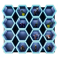Hexagonal Decorative Cabinet Displaying Figurines And Small Plants With Blue Lighting