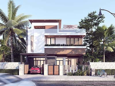 Modern Two story Detached Villa With White Exterior Palm Trees And Garage 3d model