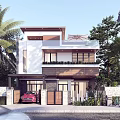 Modern Two story Detached Villa With White Exterior Palm Trees And Garage