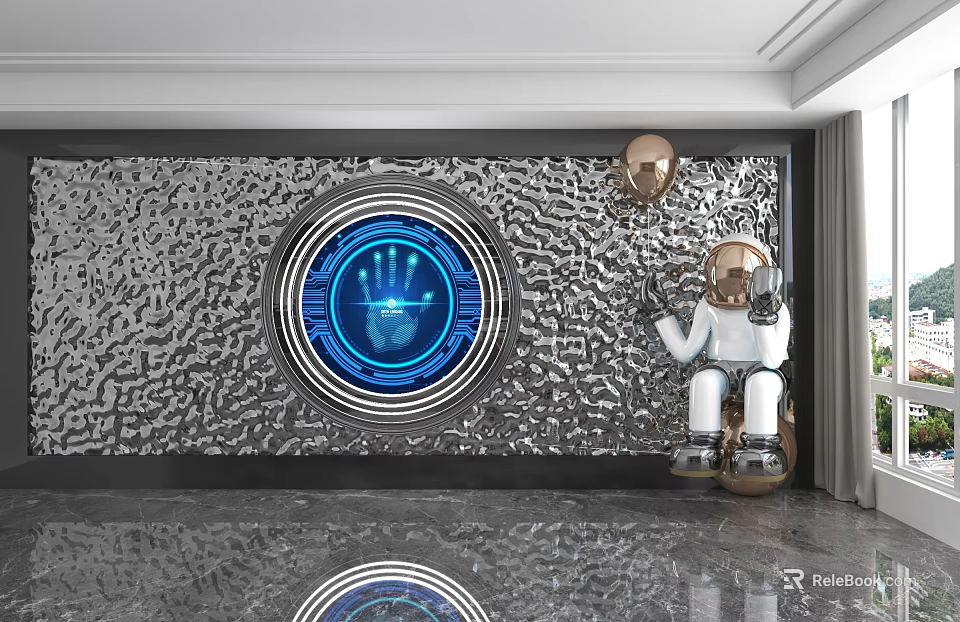 Silver Textured Wall with Blue Fingerprint Screen Astronaut Doll Gold Balloon and Marble Floor 3d model 