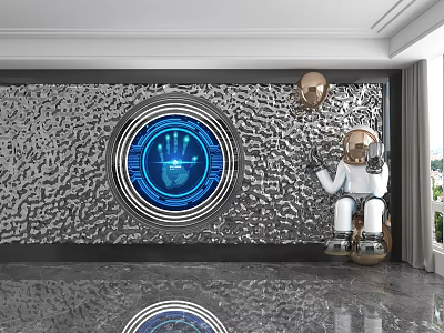 Silver Textured Wall with Blue Fingerprint Screen Astronaut Doll Gold Balloon and Marble Floor 3d model