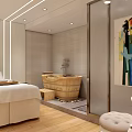 SPA Sauna Interior With Wooden Bucket Treatment Bed White Sheets And Red Teacup On Tray