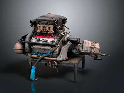 Used Automotive Engine on Metal Stand with Mechanical Components and Hoses 3d model