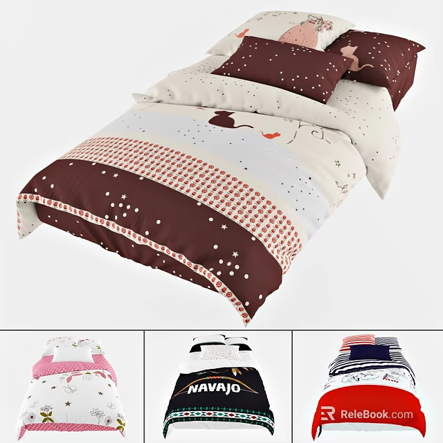 Single Bed With Brown And White Striped Bedding Featuring Stars And Heart Patterns 3d model 