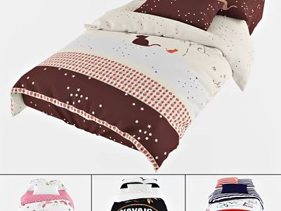 Single Bed With Brown And White Striped Bedding Featuring Stars And Heart Patterns 3d model
