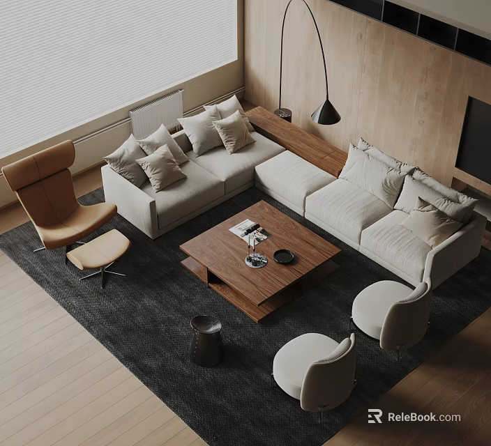 Modern Sofa And Coffee Table Combination With Beige Upholstery Wooden Top And Area Rug 3d model 