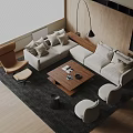 Modern Sofa And Coffee Table Combination With Beige Upholstery Wooden Top And Area Rug