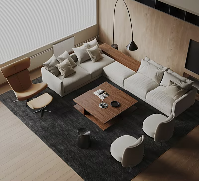 Modern Sofa And Coffee Table Combination With Beige Upholstery Wooden Top And Area Rug 3d model