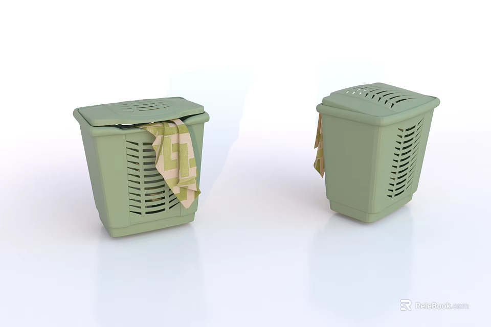 Green Plastic Laundry Baskets With Ventilated Design Lid And Checkered Towel 3d model 