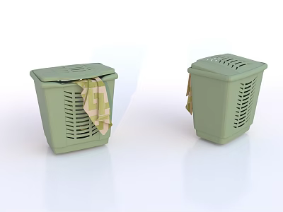 Green Plastic Laundry Baskets With Ventilated Design Lid And Checkered Towel 3d model