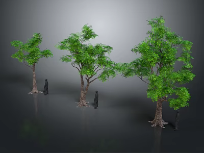 Three Trees With Thick Trunks Lush Green Leaves And Small Human Figures For Size Comparison 3d model