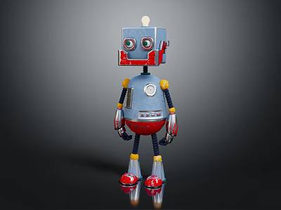 Vintage Cartoon Toy Robot With Blue Body Red Chest Yellow Joints Antenna And Round Eyes 3d model