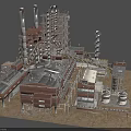 Industrial Refinery Building Complex With Tall Towers Chimneys Pipes And Storage Tanks