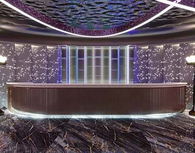 Luxurious Modern Hotel Lobby Interior With Curved Reception Desk And Decorative Walls 3d model
