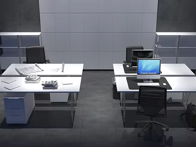 Modern Office Desk Setup With Computer Monitor Documents And Storage Cabinets 3d model